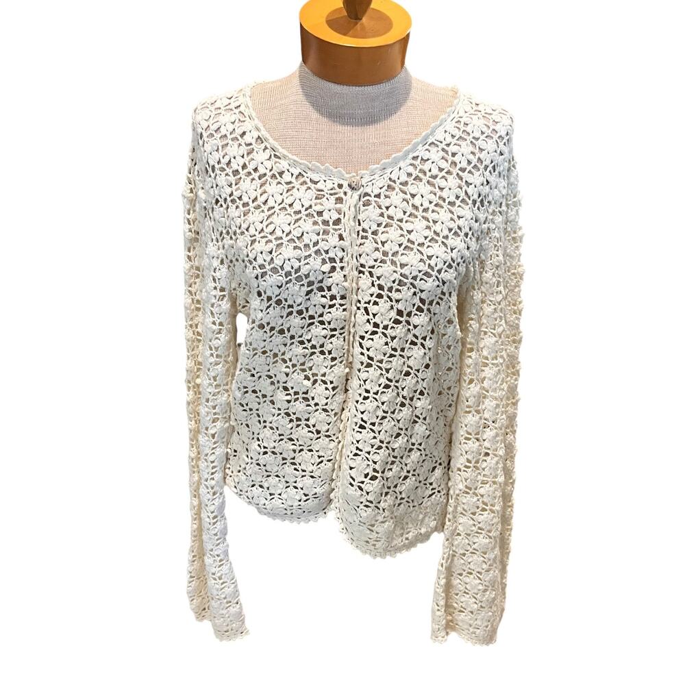 Vintage Womens Cardigan Crochet Floral Beige Size M/L? Prairie Spring